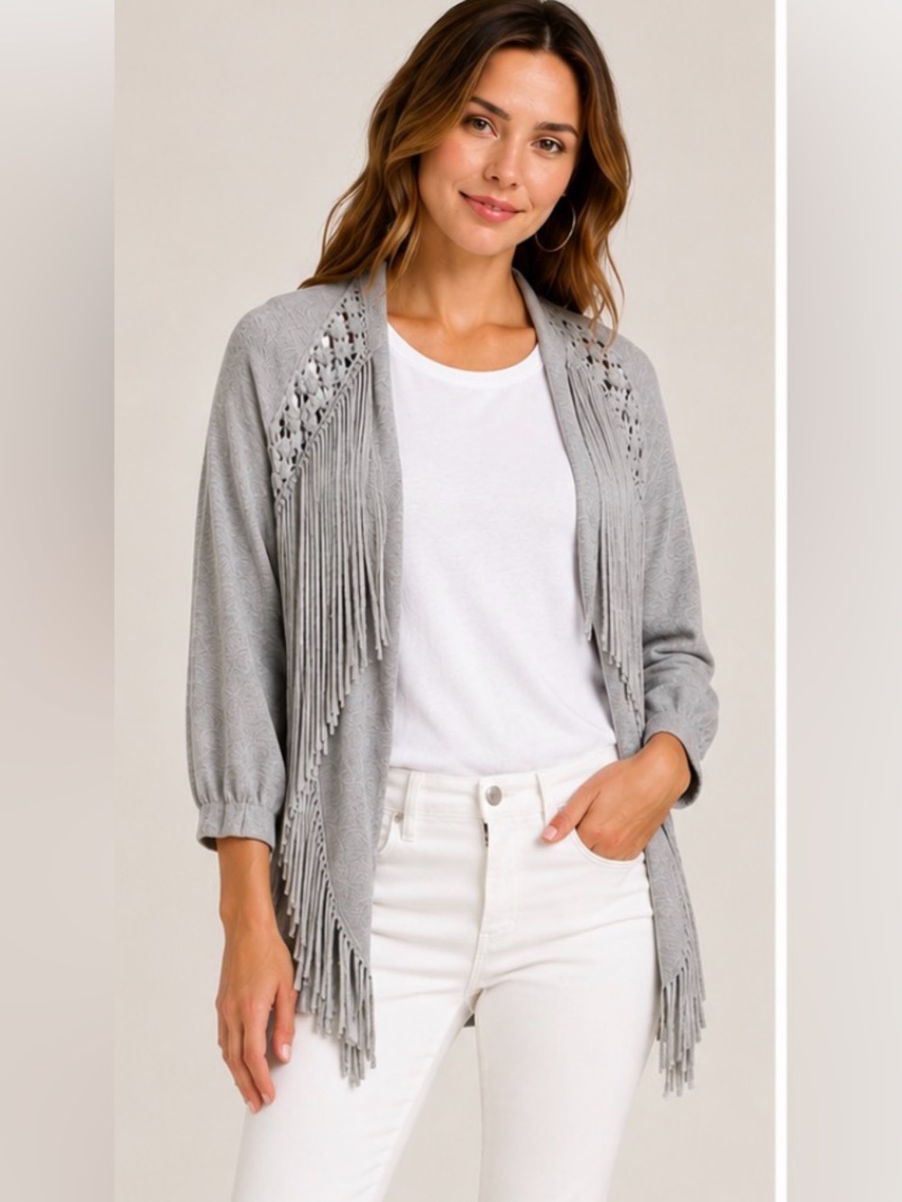Rebecca Taylor Light Gray Fringe Open-Front Cardigan Size S